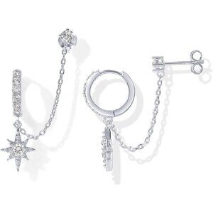 Women Double Piercing Dangle Chain Huggie Hoop Earrings 14K Gold Chain